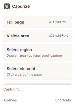 The Capurize toolbar popup with full page, visible area, region and element modes.